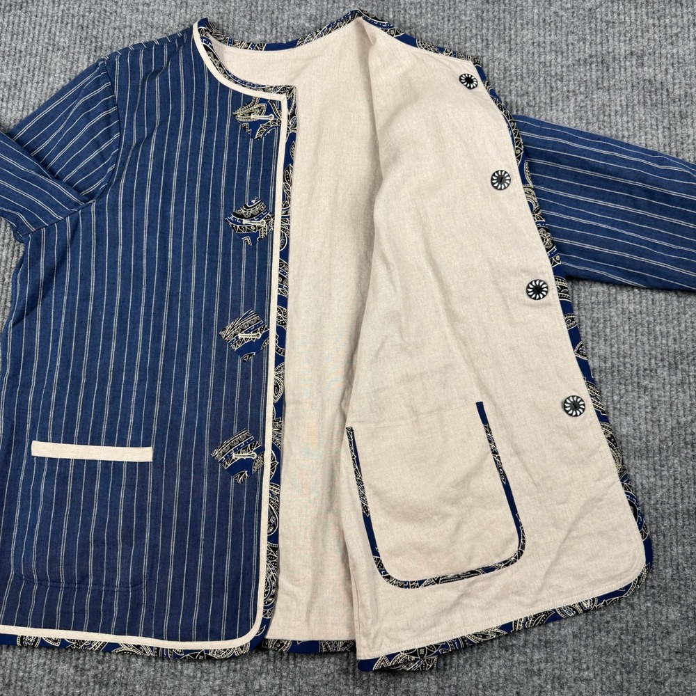 Vtg 90s KOOS of Course! Jacket Womens L Blue Linen Rayon Reversible Artsy Lagom